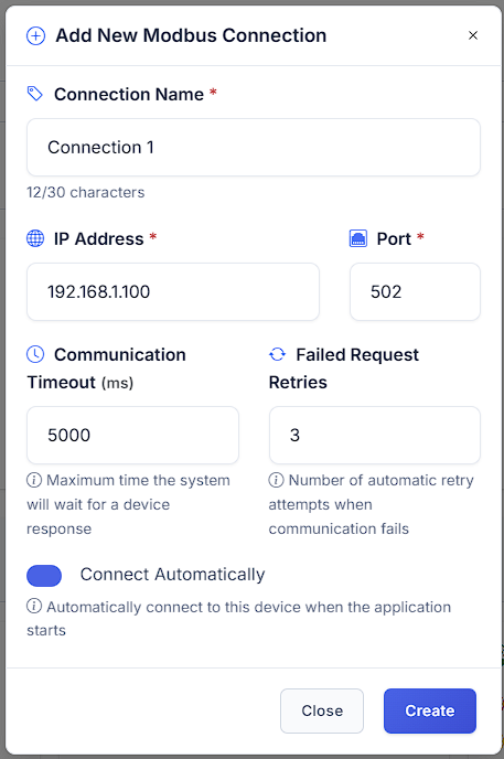 SHModbus Add Connection Interface
