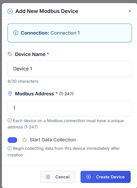 SHModbus Add Device Interface