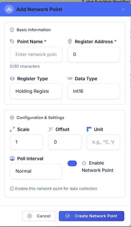 SHModbus Add Network Point Interface